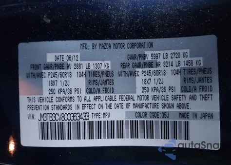 2012 Mazda Cx-9 Touring from USA, damaged, VIN JM3TB3CV8C0363433